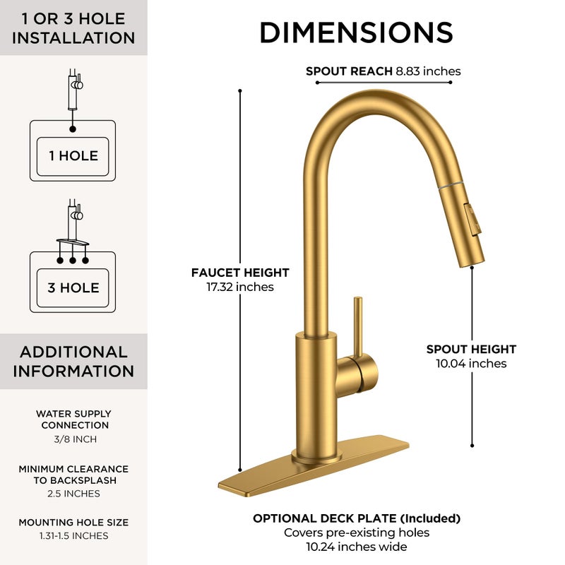 FORIOUS Gold Kitchen Faucet with Pull Down Sprayer, Brushed Brass High Arc Gooseneck Modern Sink Faucet with CUPC Ceramic Cartridge, Single Handle Stainless Steel and Deck Plate - Image 2